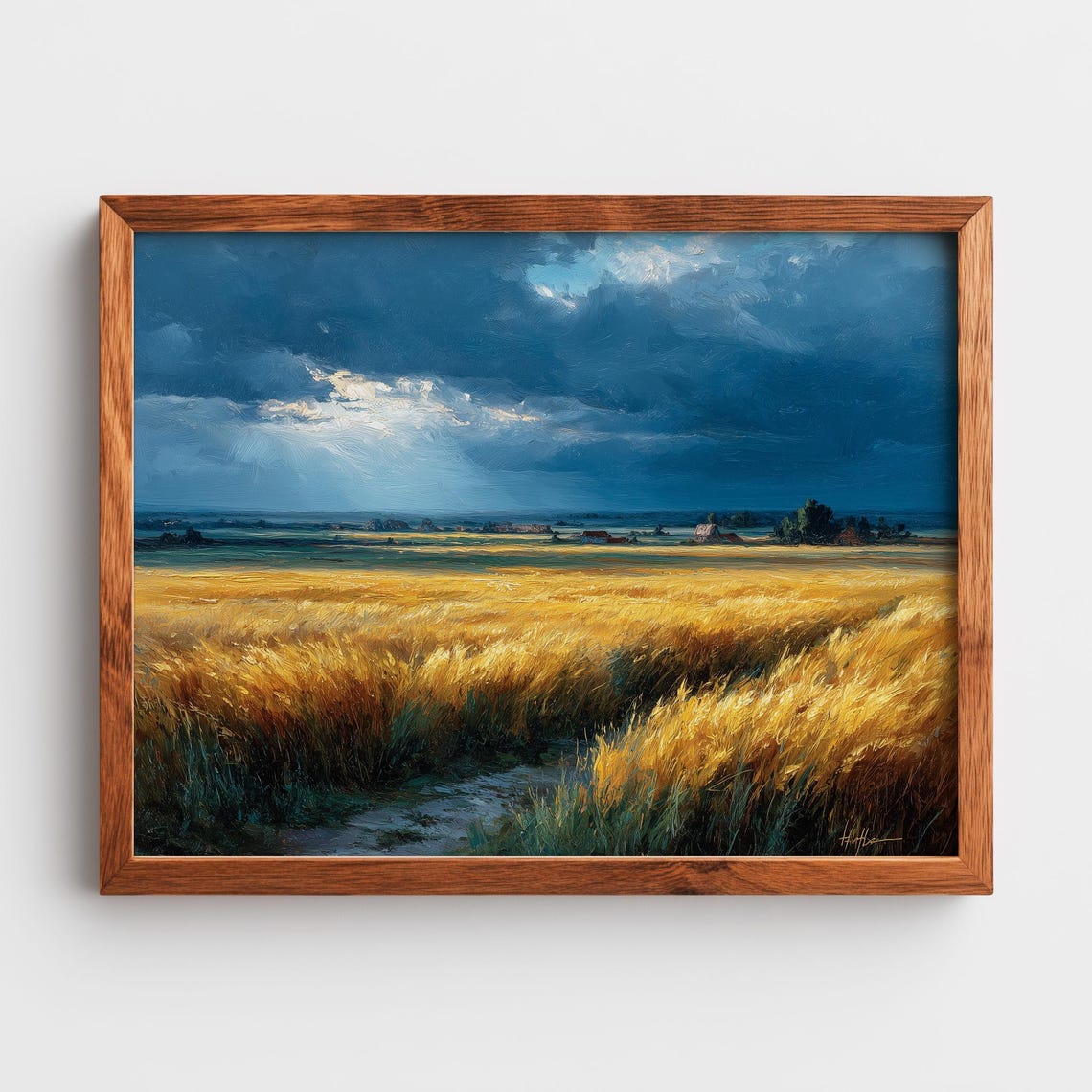 Golden Wheat Field Under Stormy Sky Dramatic Oil Painting Poster
