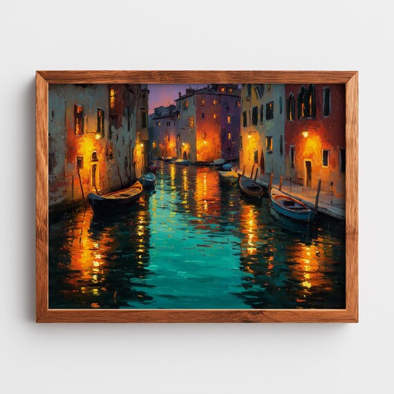 Venice Italy Sunset Canal Oil Painting Gondola Reflection Poster