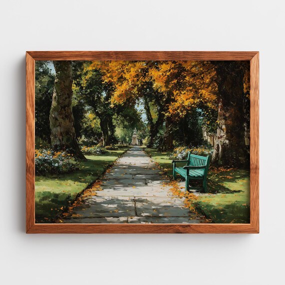 Autumn Park Path Oil Painting Poster Golden Trees Bench Sunlit Landscape