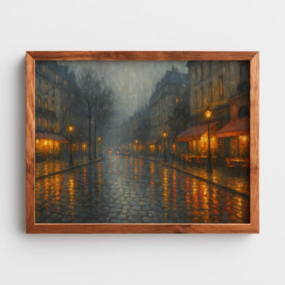 Paris Street In Rain Moody Evening Urban Landscape Vintage Wall Art Reflective City Lights Rustic Decor Print 19