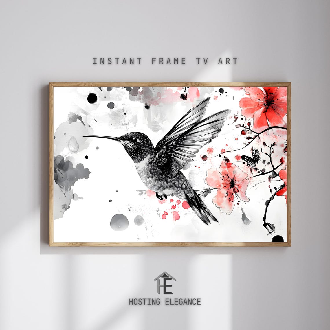 Hummingbird Cherry Blossom Watercolor Bird Floral Art Poster