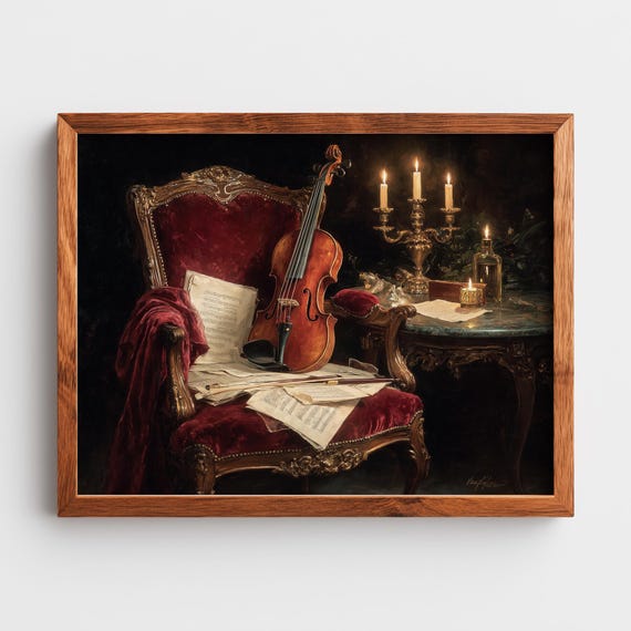 Vintage Violin Still Life Oil Painting Rustic Art Velvet Chair Candlelit Scene Classical Music Decor Wall 66
