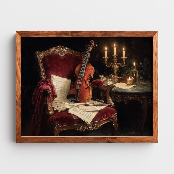Violin and Sheet Music Candlelight Vintage Still Life Art Poster