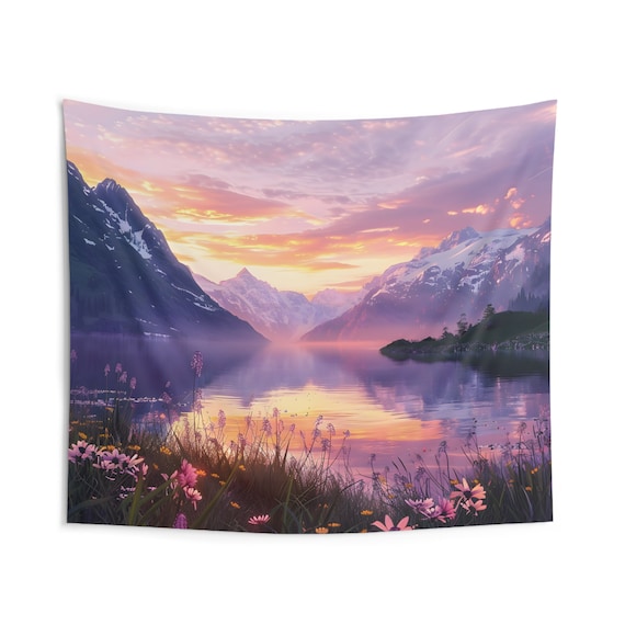 Snowy Mountain Lake Sunset Reflection Wildflower Meadow Wall Art