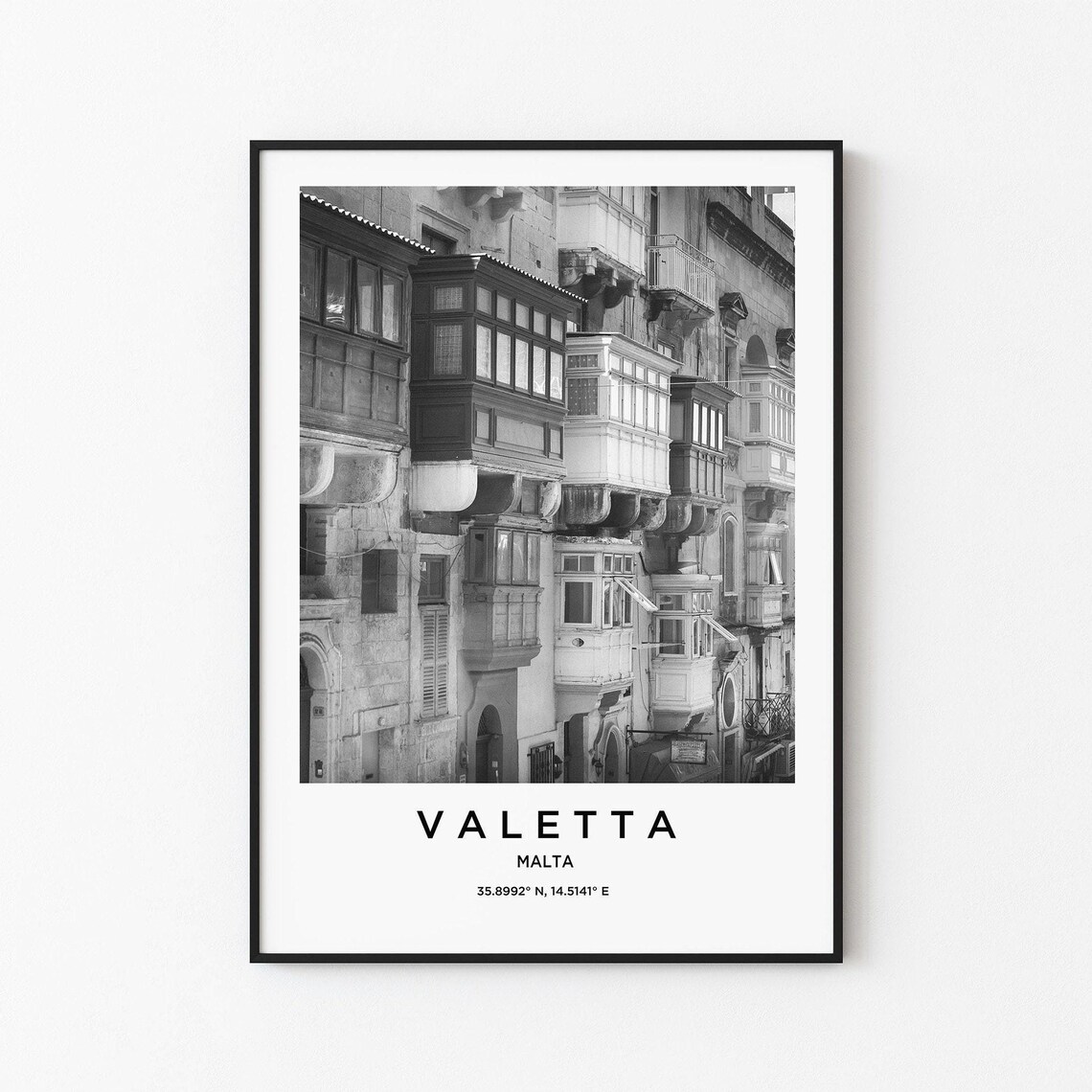 Valetta Malta Traditional Wooden Balconies Black and White Poster