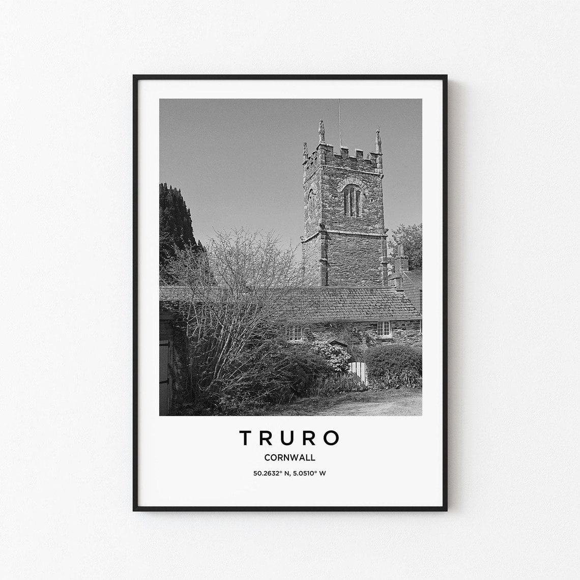 Truro Cornwall Historic Stone Church Tower Black and White Poster
