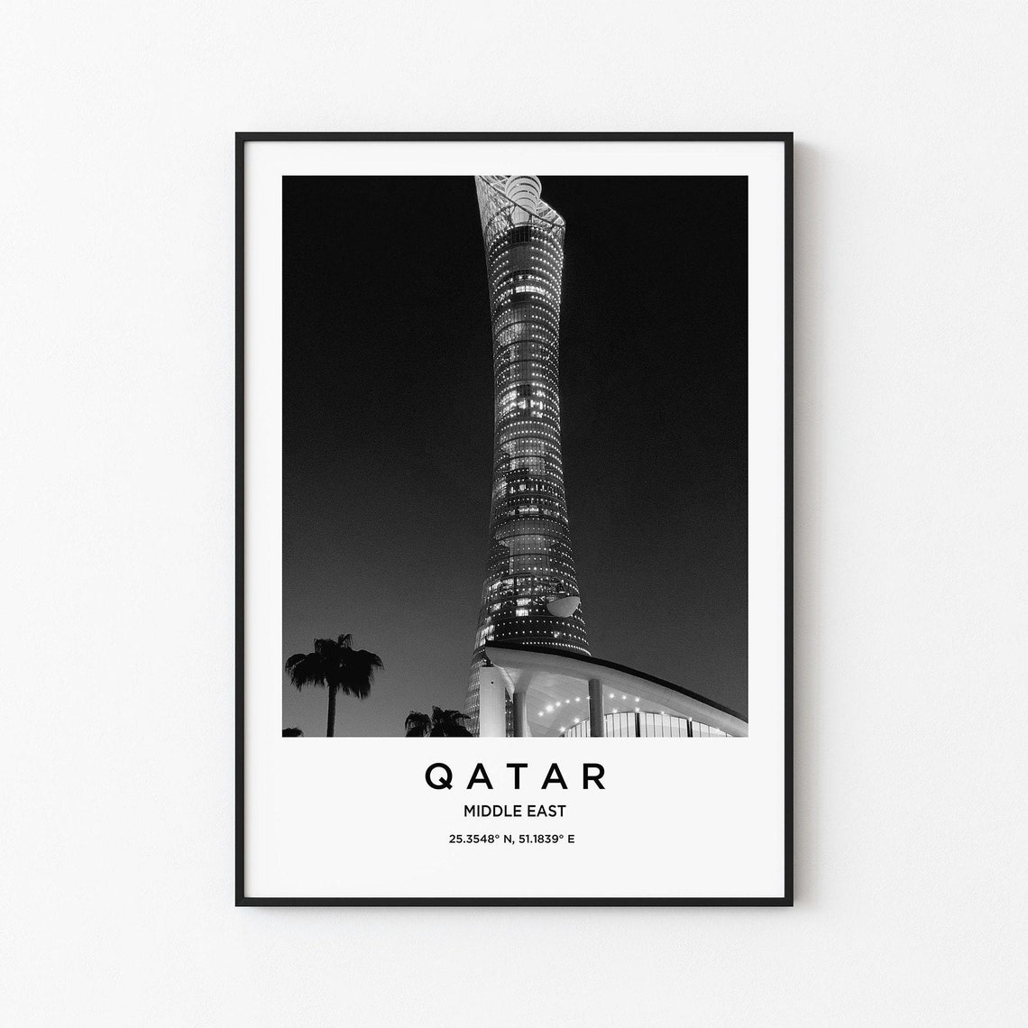 Qatar Aspire Tower Night Black and White Architecture Poster