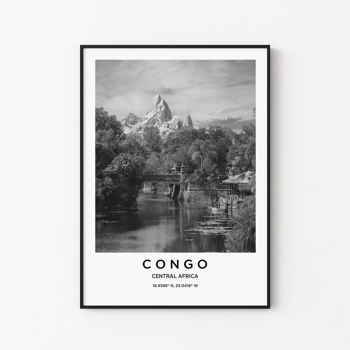 Congo Central Africa River Bridge Mountain Black and White Poster