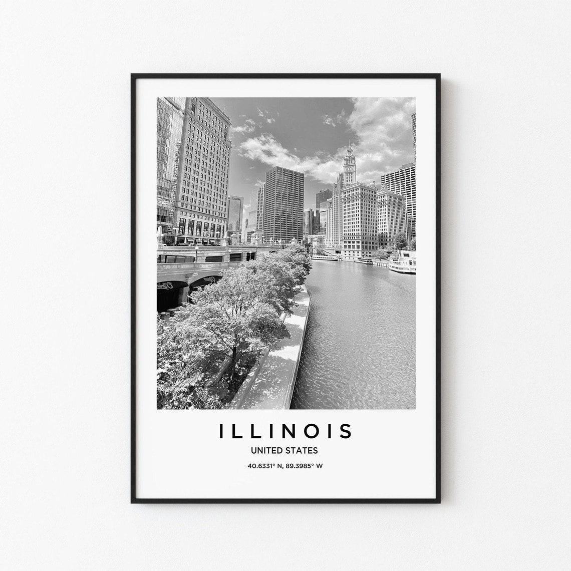 Illinois Chicago Riverwalk Downtown Black White Cityscape Poster