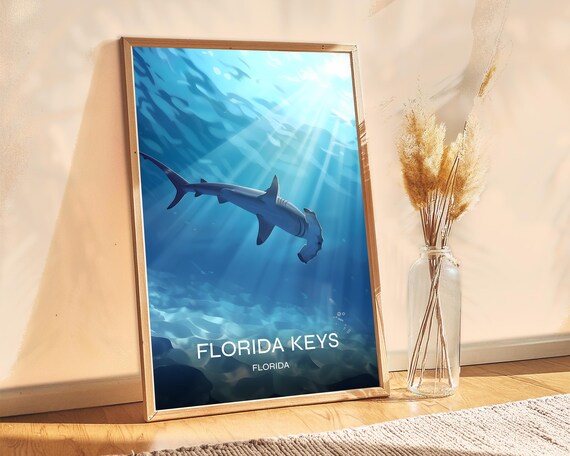 Florida Keys Hammerhead Shark Sunlit Ocean Dive Travel Adventure Poster