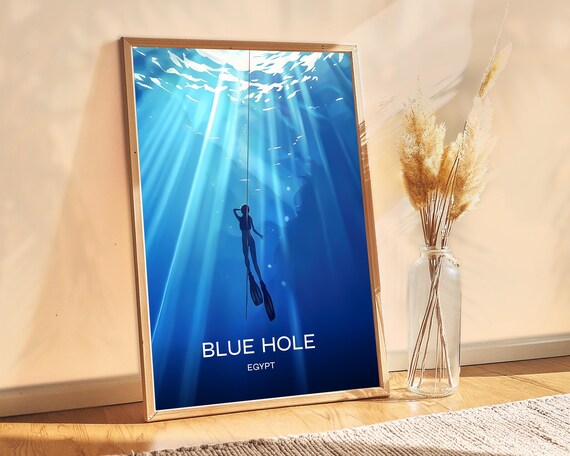 Blue Hole Egypt Freediver Deep Blue Descent Red Sea Dive Travel Poster