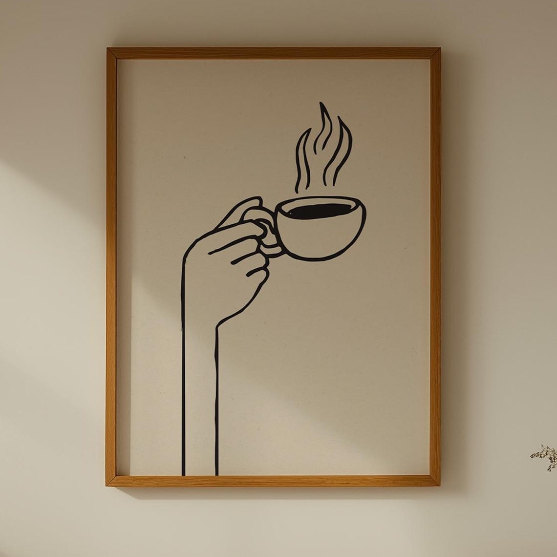 Hand Holding Steaming Coffee Cup Simple Line Art Espresso Poster