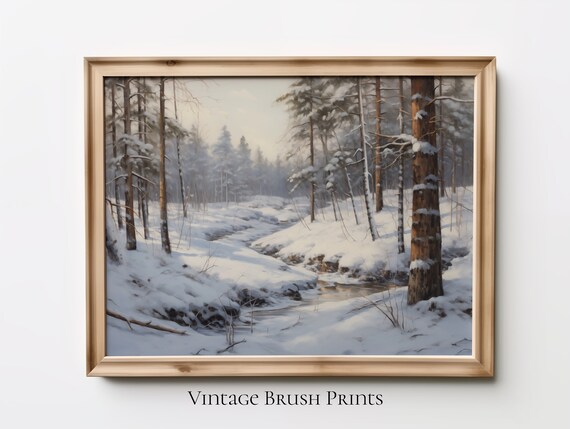Snowy Pine Forest Winter Stream Vintage Landscape Oil Painting Poster