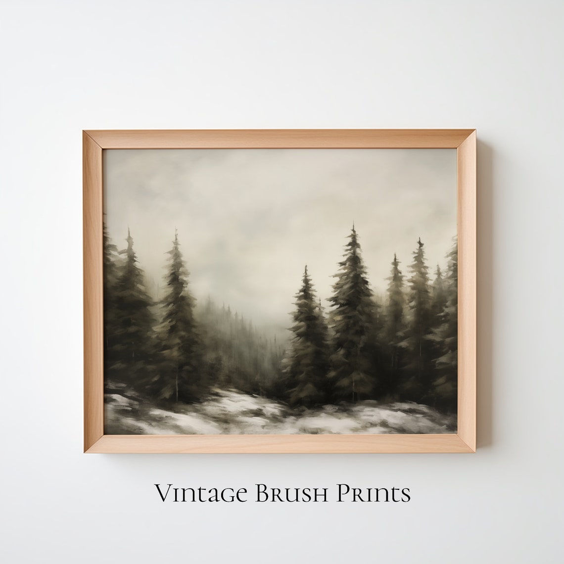 Misty Evergreen Forest in Soft Snow Quiet Woodland Art Poster