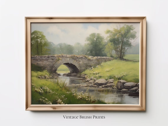 Vintage Bridge Landscape Painting Country Cottage Art