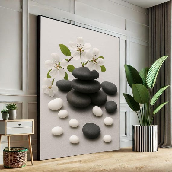 Calm Zen Stones And Cherry Blossoms Canvas Wall Art Print Minimalist Spa Decor For Living Room Tranquil Statement Piece
