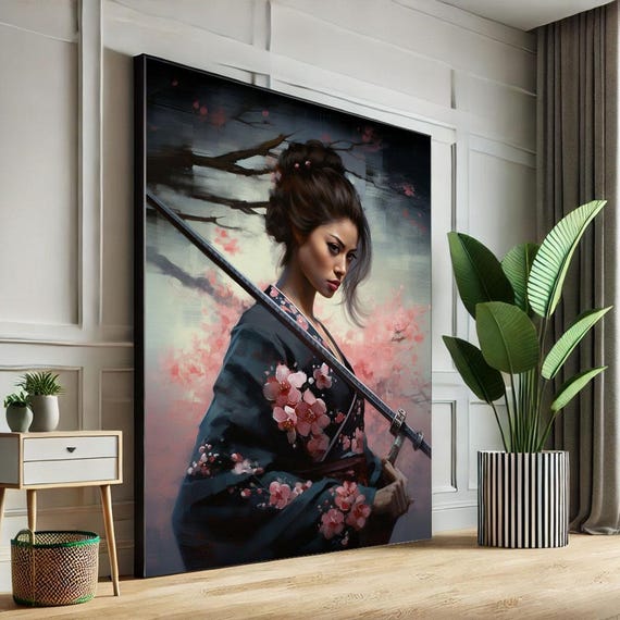Samurai Woman In Cherry Blossom Kimono Canvas Wall Art Print Elegant Bedroom Decor Statement Piece