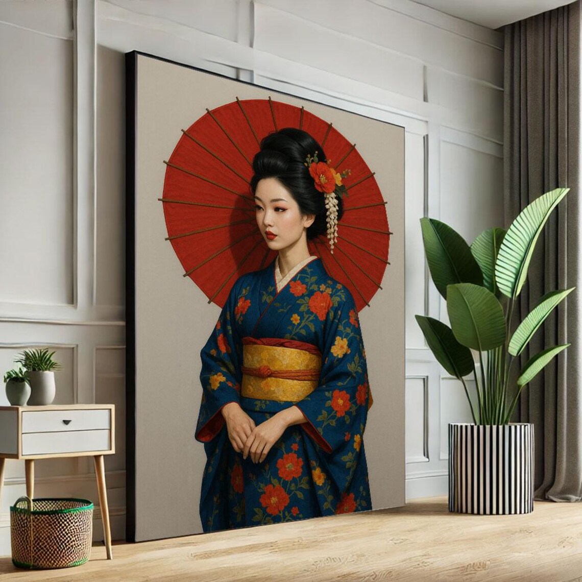 Elegant Geisha In Blue Floral Kimono With Red Parasol Halo Poster