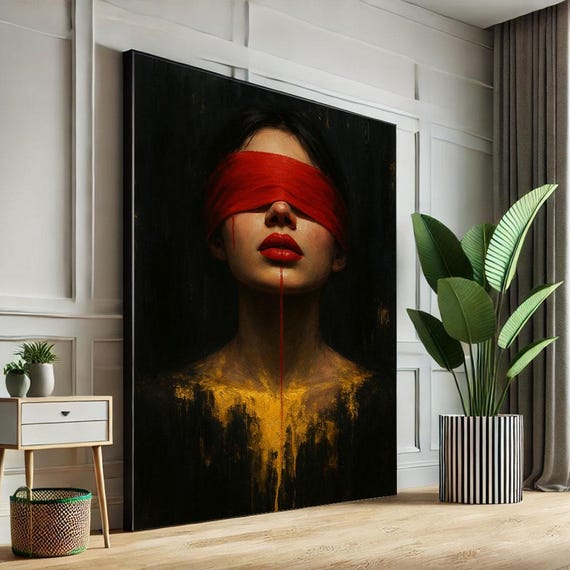 Mysterious Woman With Red Blindfold Canvas Wall Art Print Dark Modern Living Room Decor Statement Piece