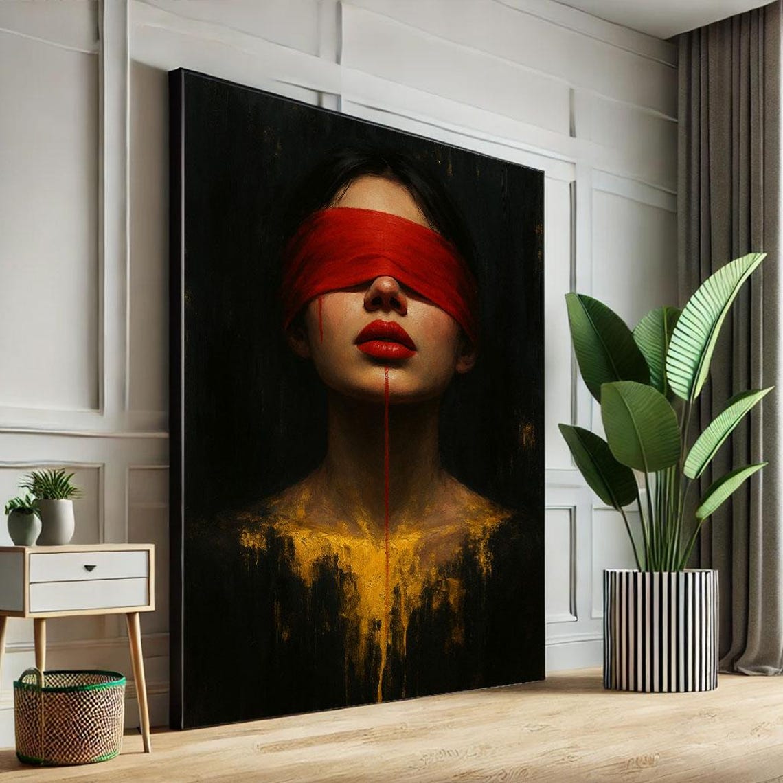 Mysterious Woman With Red Blindfold Canvas Wall Art Print Dark Modern Living Room Decor Statement Piece