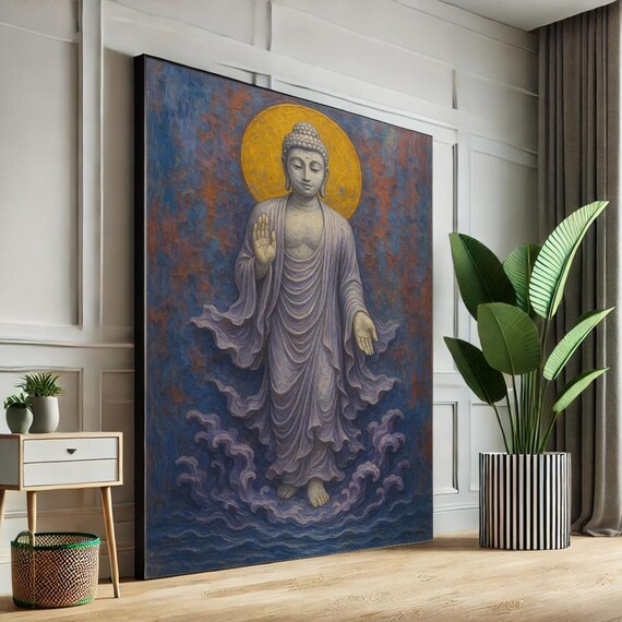 Majestic Standing Blessing Buddha Golden Halo Ocean Waves Zen Poster