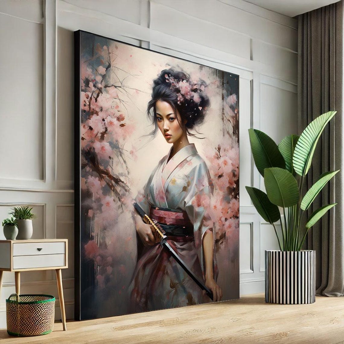 Geisha Warrior With Katana and Pink Cherry Blossom Art Poster
