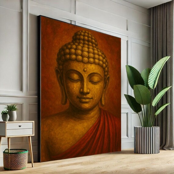 Tranquil Golden Buddha Portrait Red Robe Warm Spiritual Poster