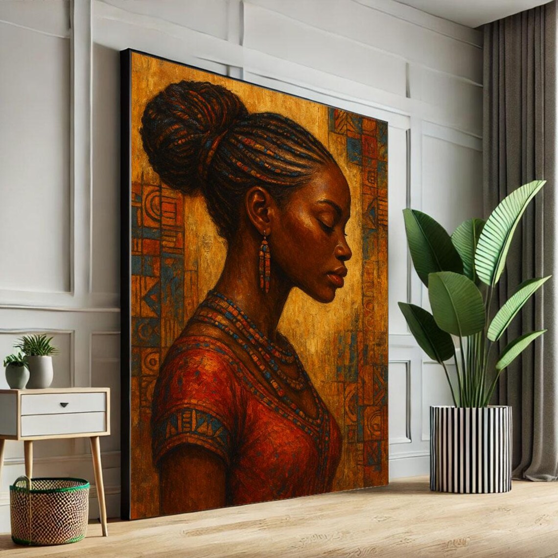 African Woman Braided Hair Portrait Golden Heritage Art Poster