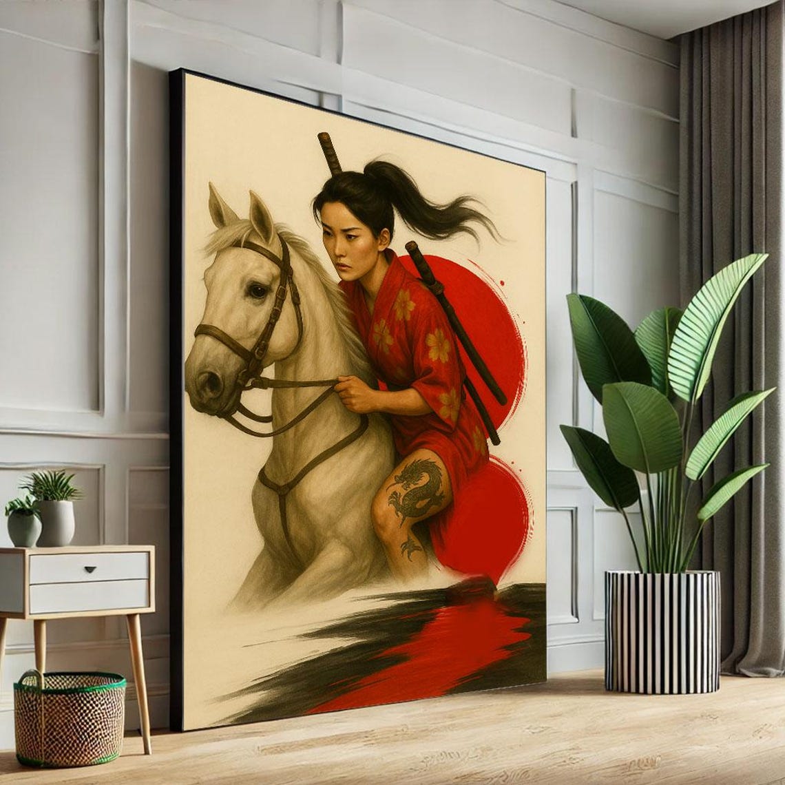 Dynamic Samurai Woman on Horseback Red Kimono Katana Art Poster