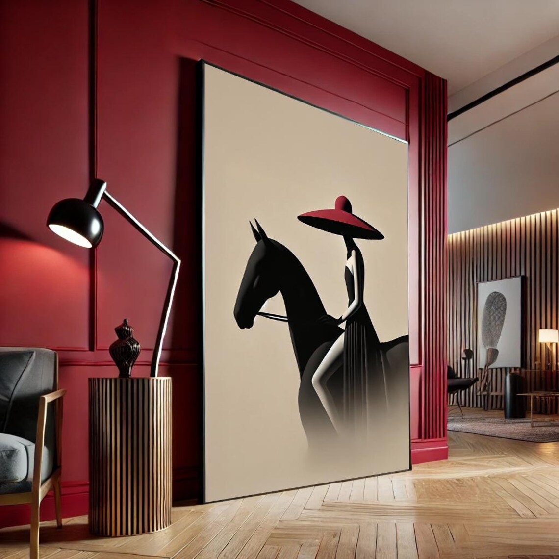 Minimalist Red Hat Woman Riding Black Horse Chic Fashion Poster
