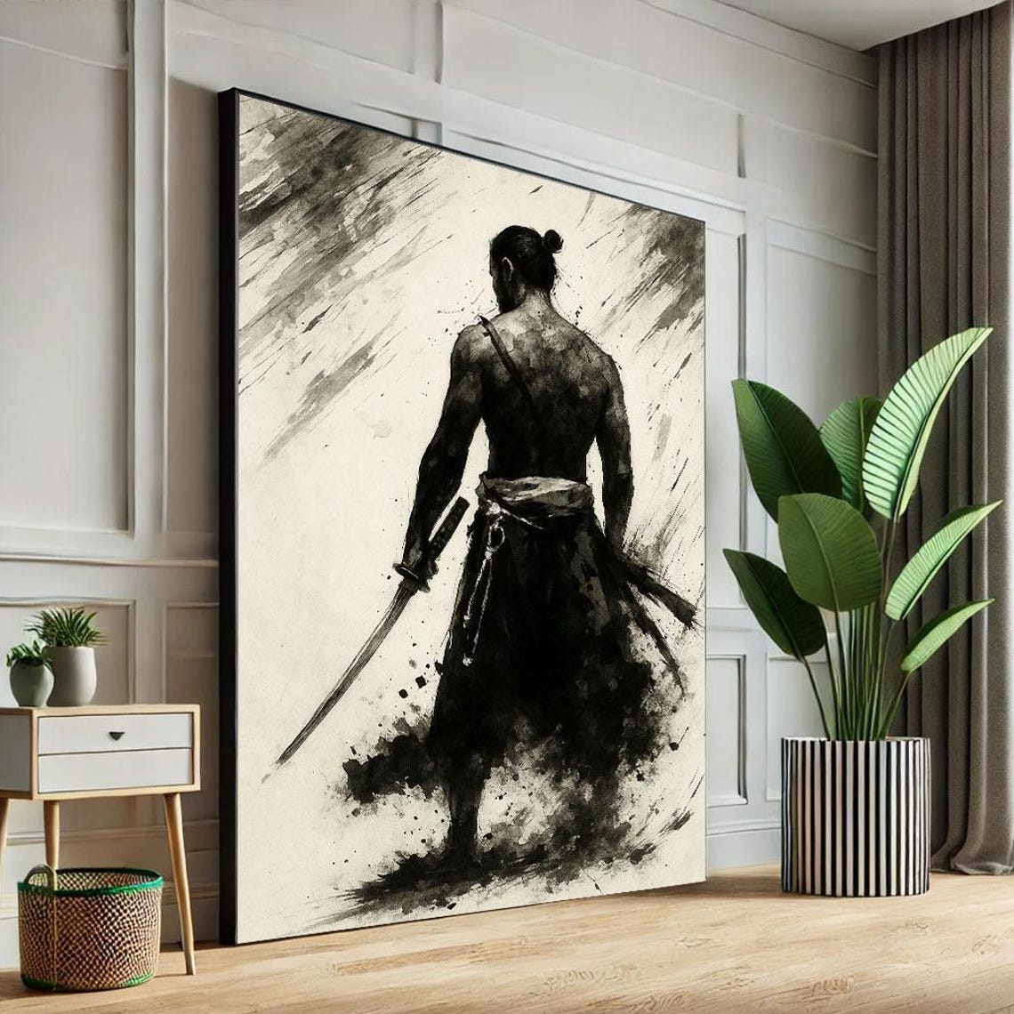 Monochrome Ink Wash Samurai Walking Away With Katana Art Poster