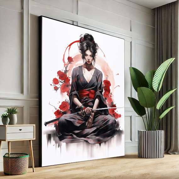 Seated Samurai Woman in Black Kimono with Red Ink Flowers Watercolor Poster