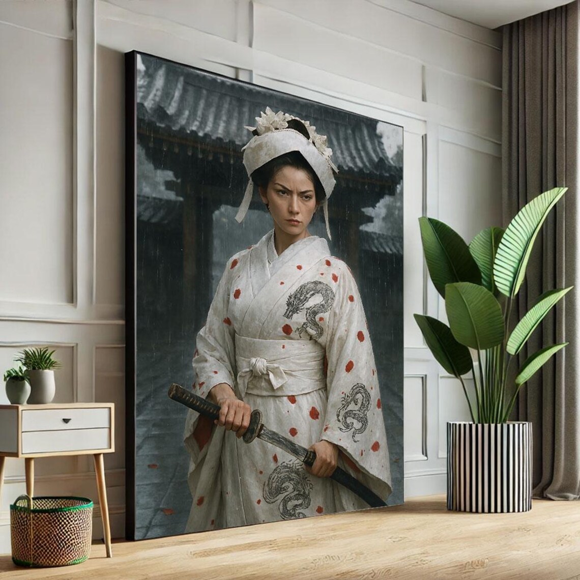 Samurai Woman in White Dragon Kimono Holding Katana Rain Temple Poster
