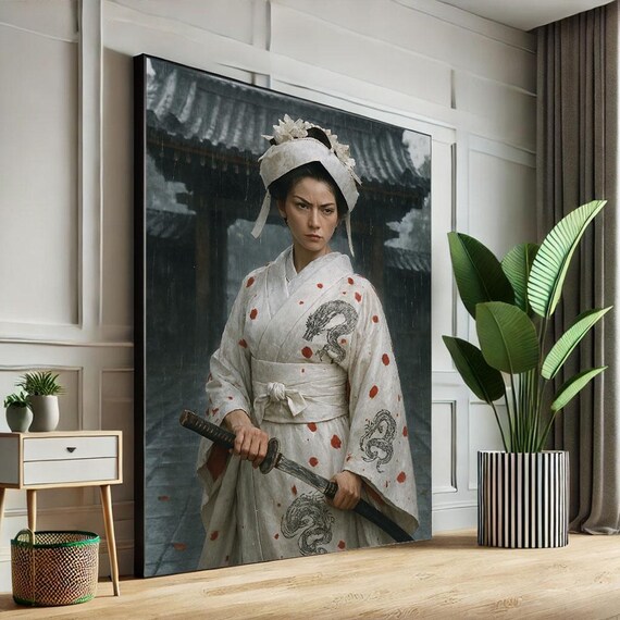 Mystical Japanese Samurai Woman Canvas Art Bold Warrior With Dragon Tattoo Asian Wall For Living Room Statement Piece