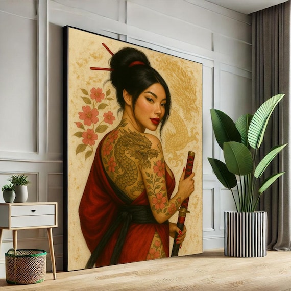 Oriental Dragon Tattoo Geisha Canvas Wall Art Print Elegant Japanese Style Living Room Decor Statement Piece