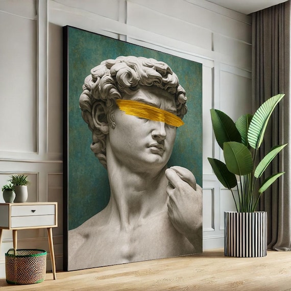 Michelangelo David Bust Gold Paint Stroke Teal Modern Canvas Poster