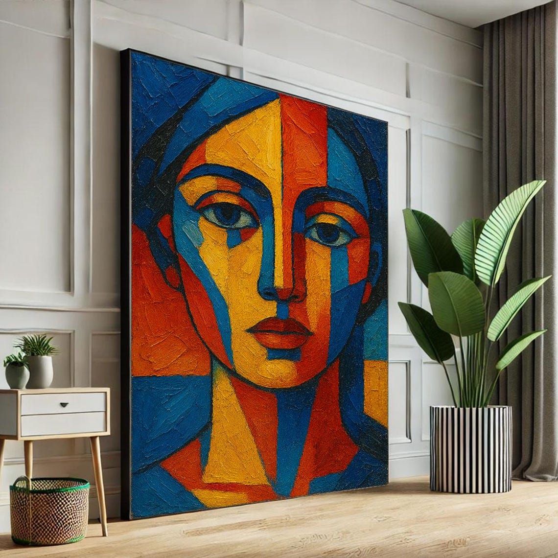 Bold Cubist Woman Face Blue Orange Geometric Modern Abstract Poster