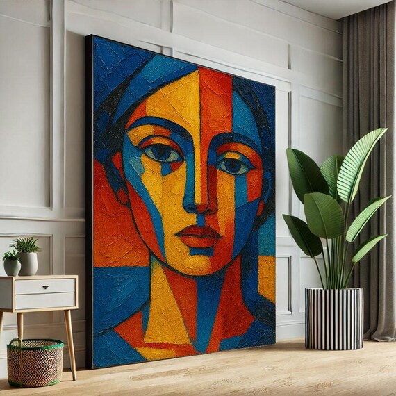 Bold Cubist Woman Face Blue Orange Geometric Modern Abstract Poster