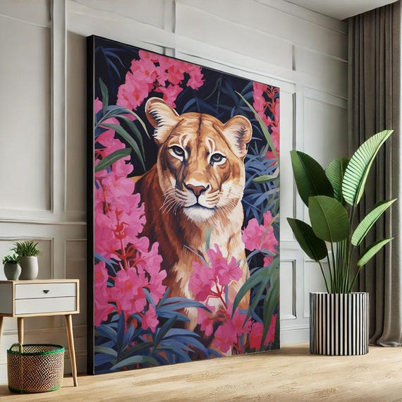 Elegant Lion In Flowers Canvas Wall Art Print Modern Wildlife Living Room Decor Statement Piece