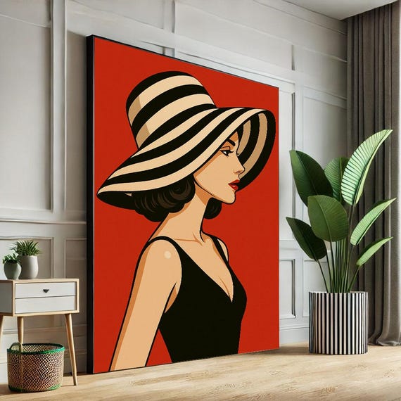 Elegant Woman In Striped Hat Canvas Wall Art Print Retro Living Room Decor Statement Piece