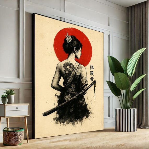 Japanese Samurai Woman Canvas Wall Art Print Bold Red And Black Living Room Decor Statement Piece