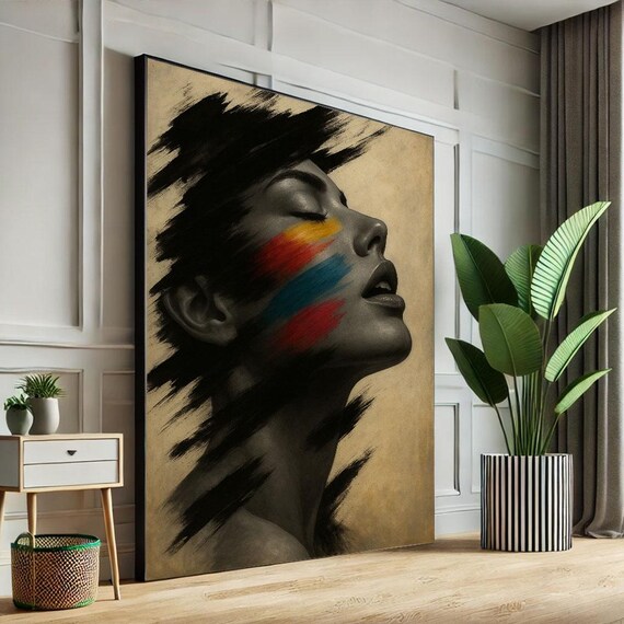 Monochrome Woman Portrait Colorful Paint Strokes Abstract Art Poster