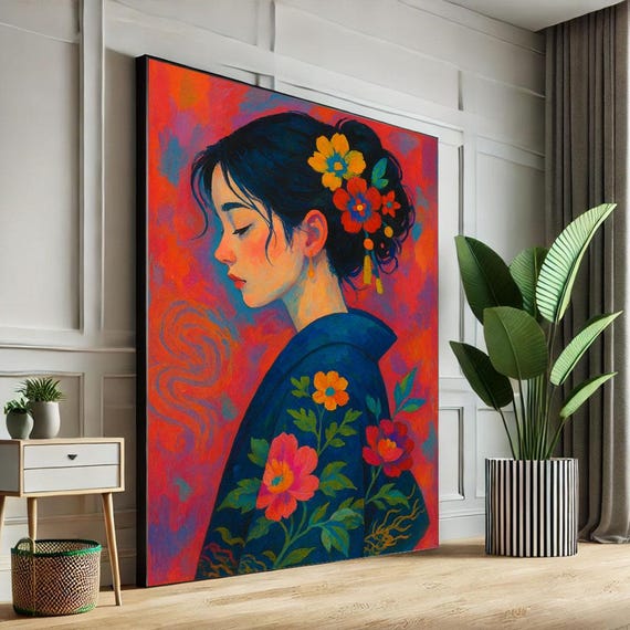 Vibrant Japanese Woman Portrait Canvas Wall Art Print Bold Floral Living Room Decor Statement Piece