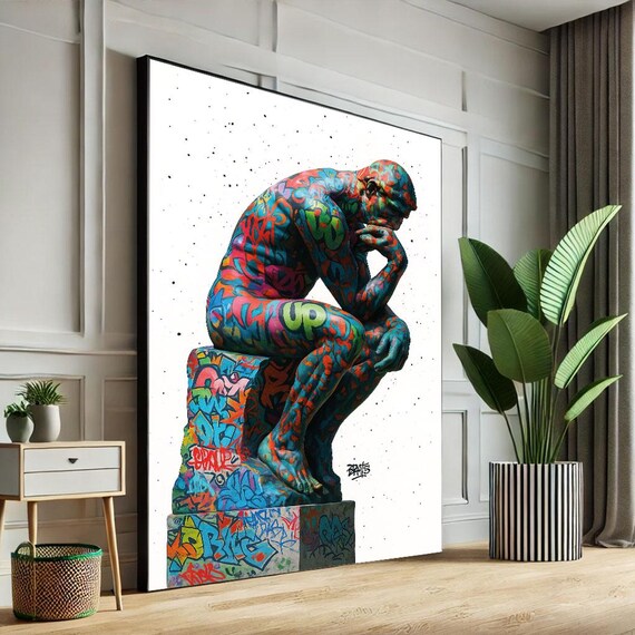 Graffiti Covered Thinker Statue Street Art Urban Culture Poster