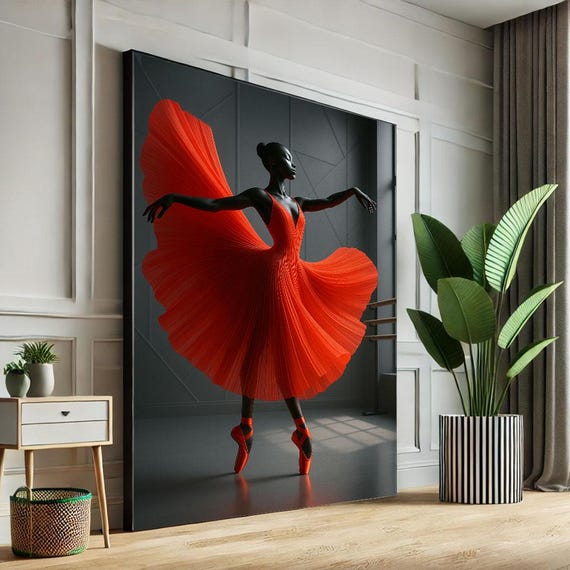 Elegant Black Ballerina In Red Dress Canvas Wall Art Print Modern Living Room Decor Statement Piece