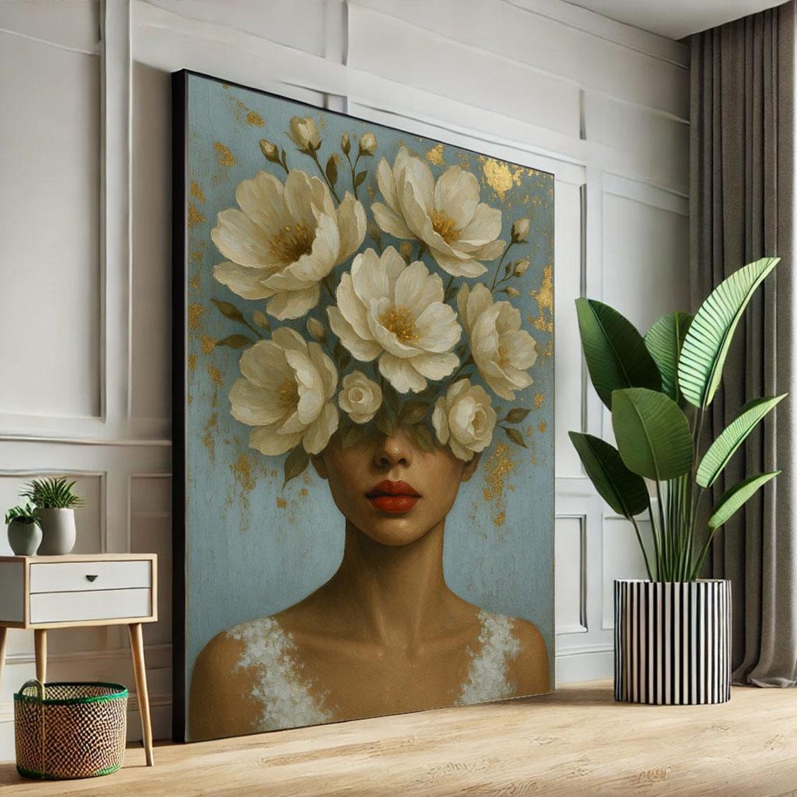 Surreal Boho Woman With White Peonies Over Eyes Flower Poster
