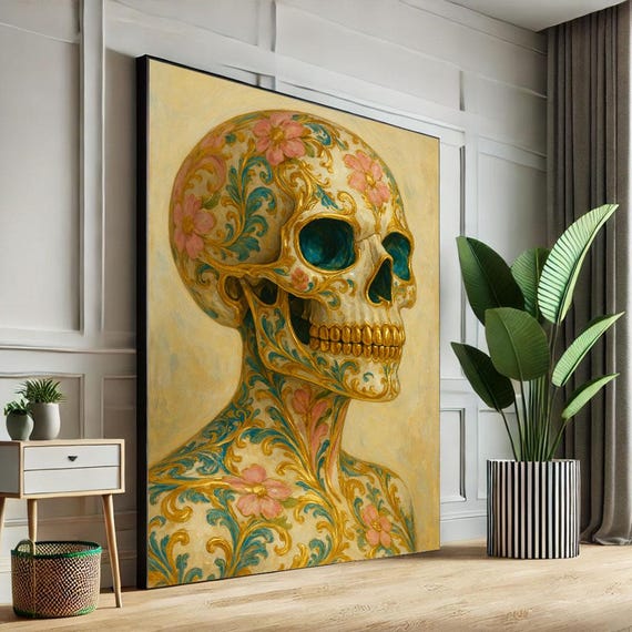 Ornate Skull Canvas Wall Art Print Boho Living Room Decor Statement Piece For Modern Lovers