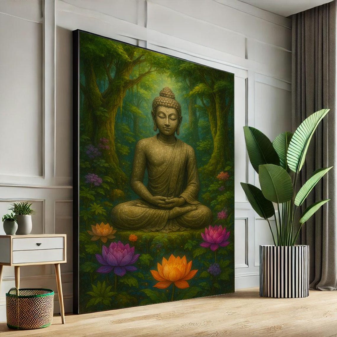 Stone Buddha Meditating Forest Lotus Flowers Nature Zen Wall Poster