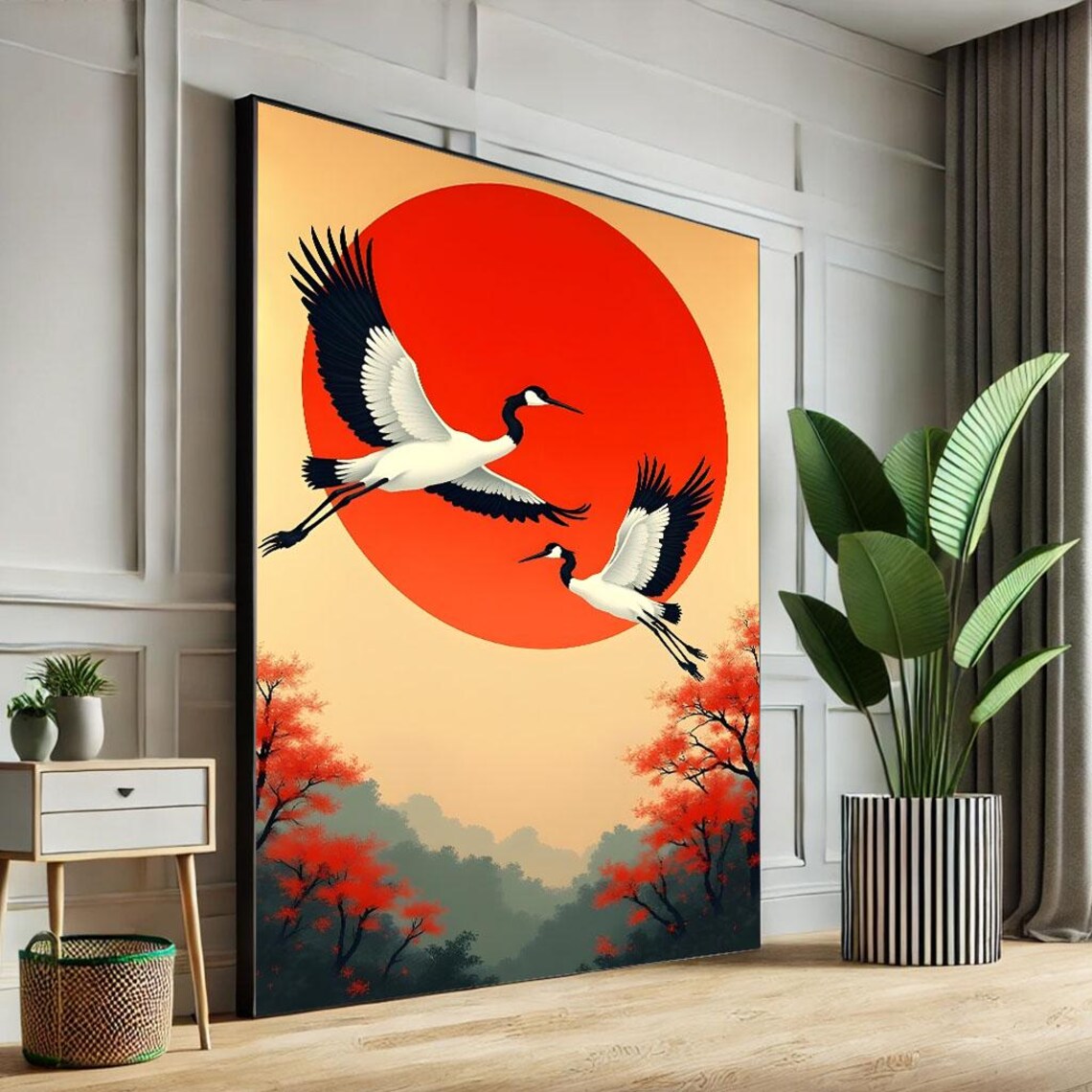 Elegant Crane Birds Red Sun Japanese Autumn Landscape Poster