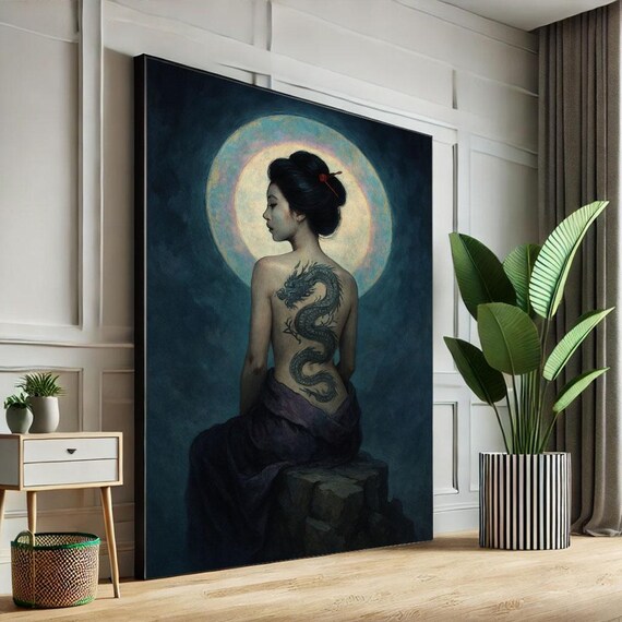 Elegant Japanese Woman With Dragon Tattoo Canvas Wall Art Print Mystical Bedroom Decor Statement Piece